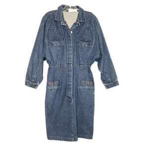 Vintage 80s Denim Dress 5/6 S Dolman Style Sleeve Button Up Collared Blue
